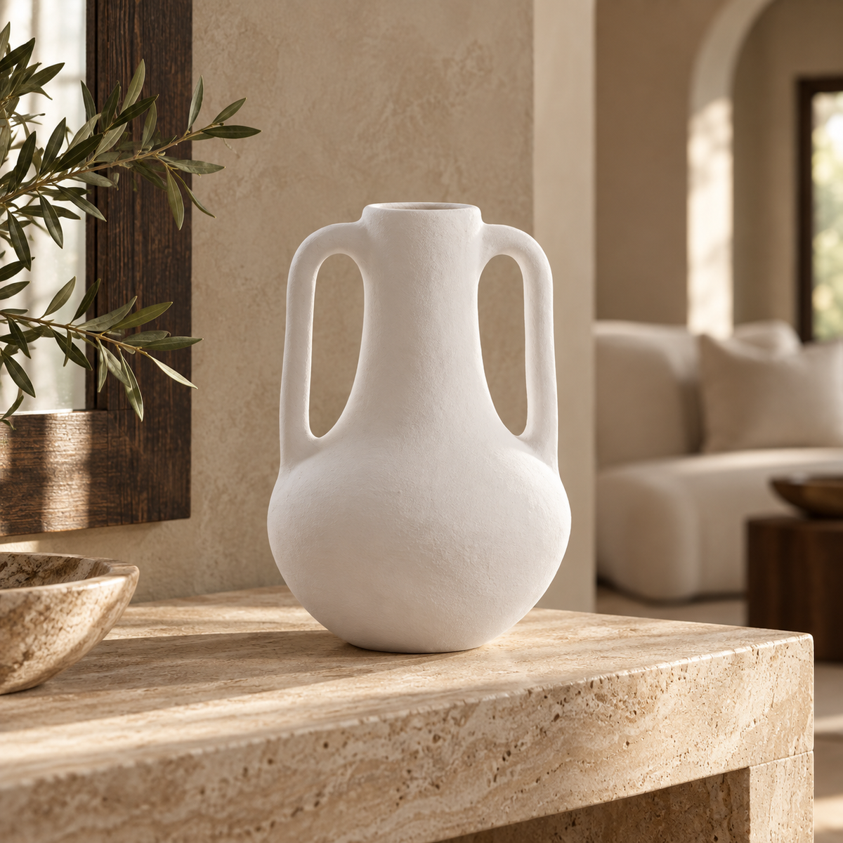 Aksara handcrafted white terracotta vase with a rounded body and two elongated handles