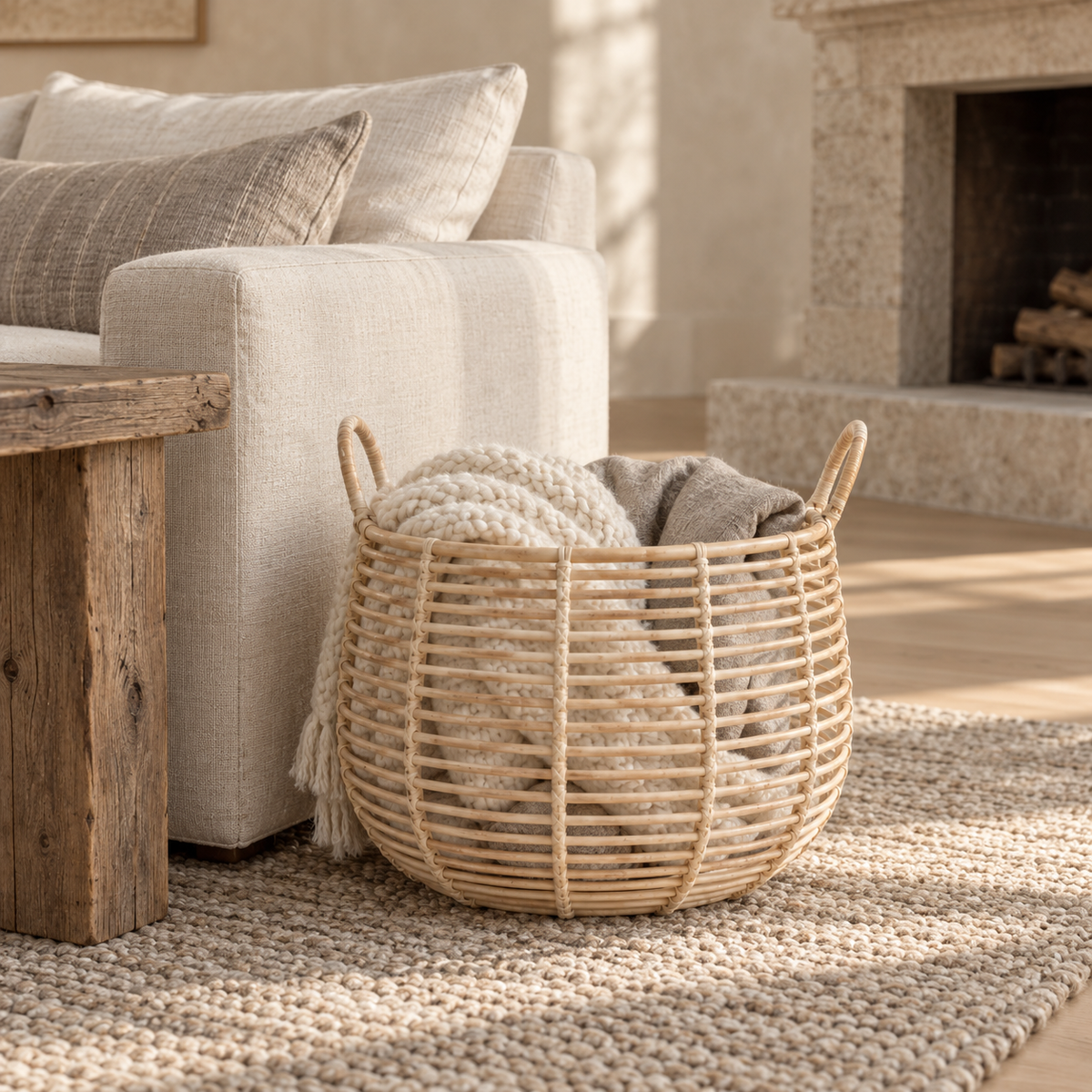 Amelia handcrafted rattan basket storing neutral throws beside an ivory sofa in a rustic living room.