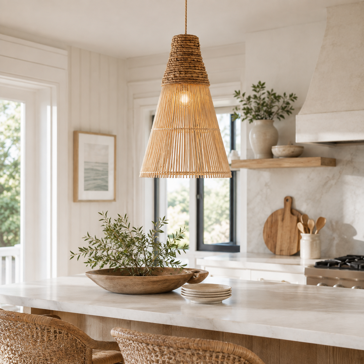 Anya Rattan Pendant Light – Handwoven Bell-Shaped Coastal Hanging Lamp