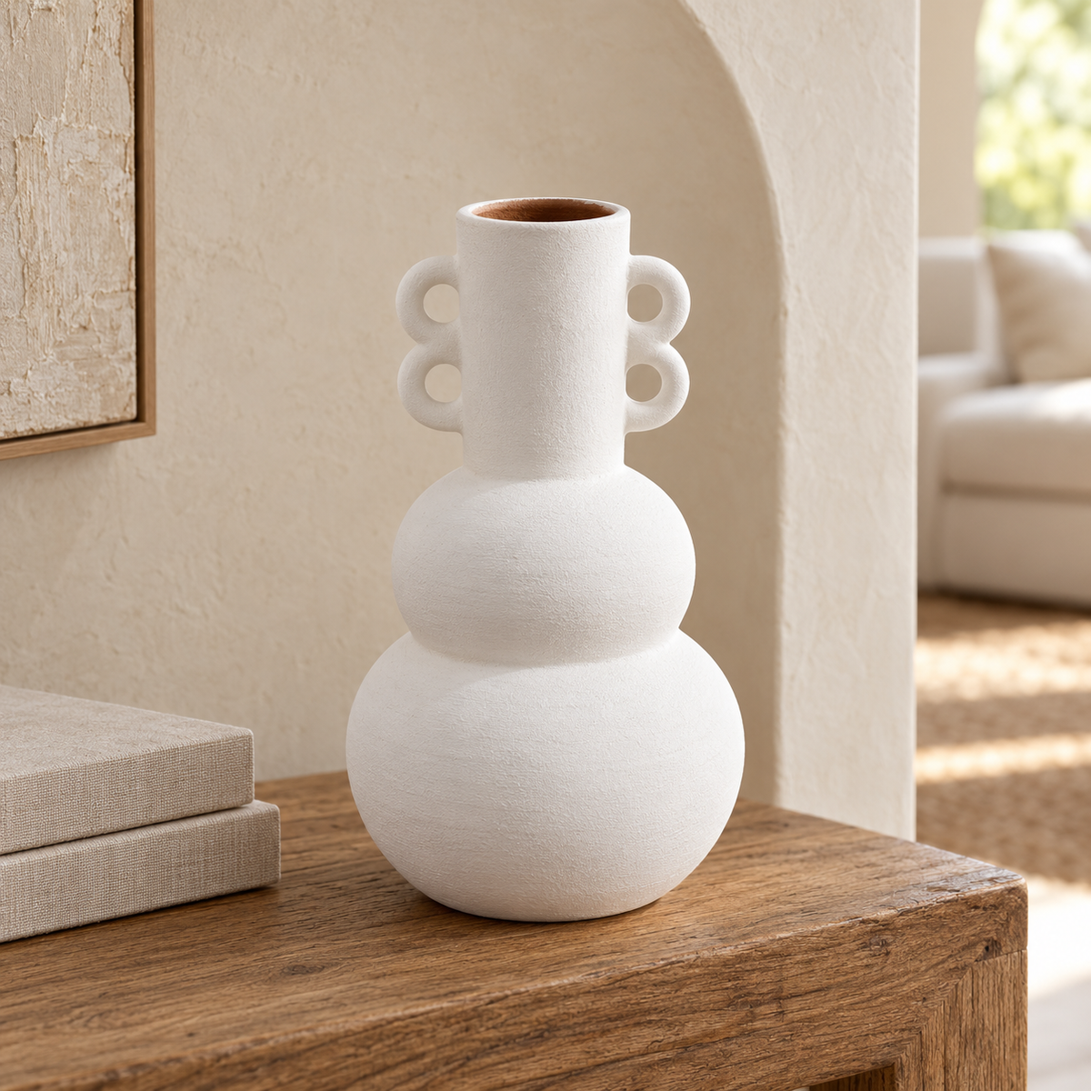 Apurva sculptural white terracotta vase with a double-sphere body and four loop details