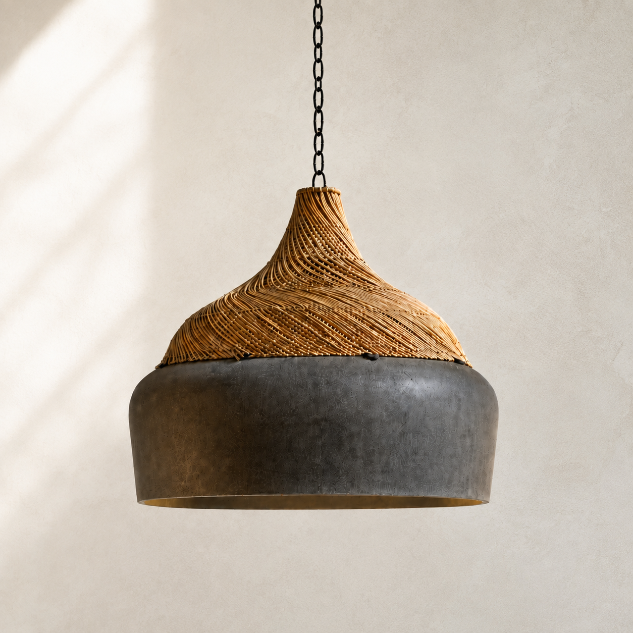 Bent Handcrafted Cement Fiber & Rattan Pendant Light