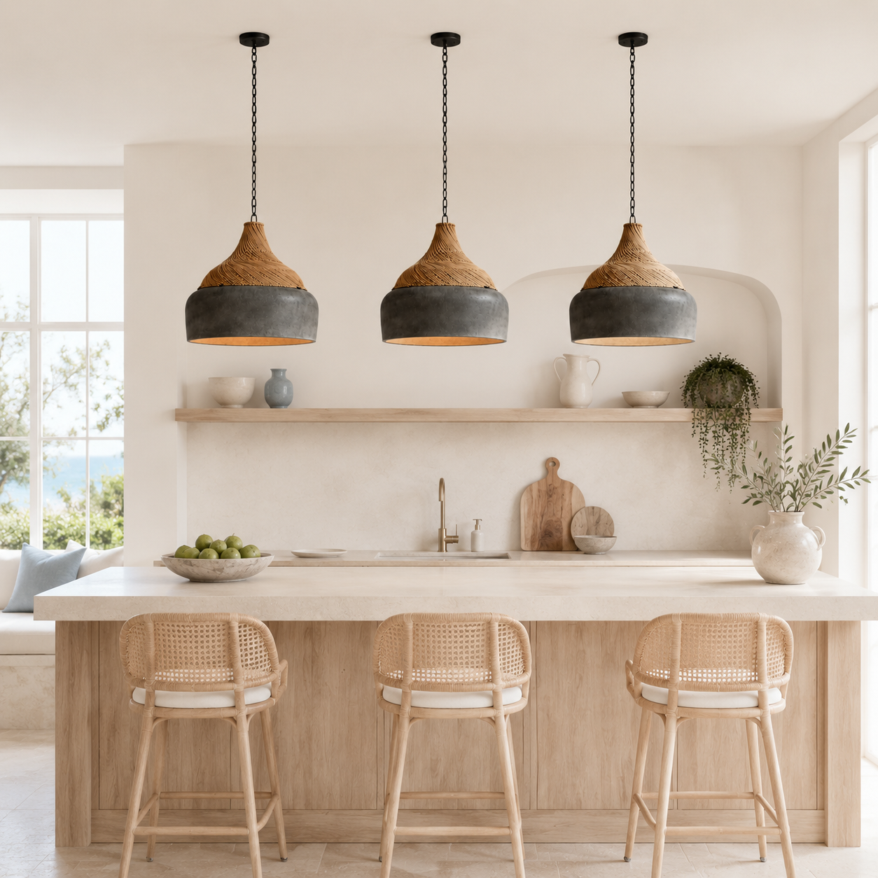 Bent Handcrafted Cement Fiber & Rattan Pendant Light