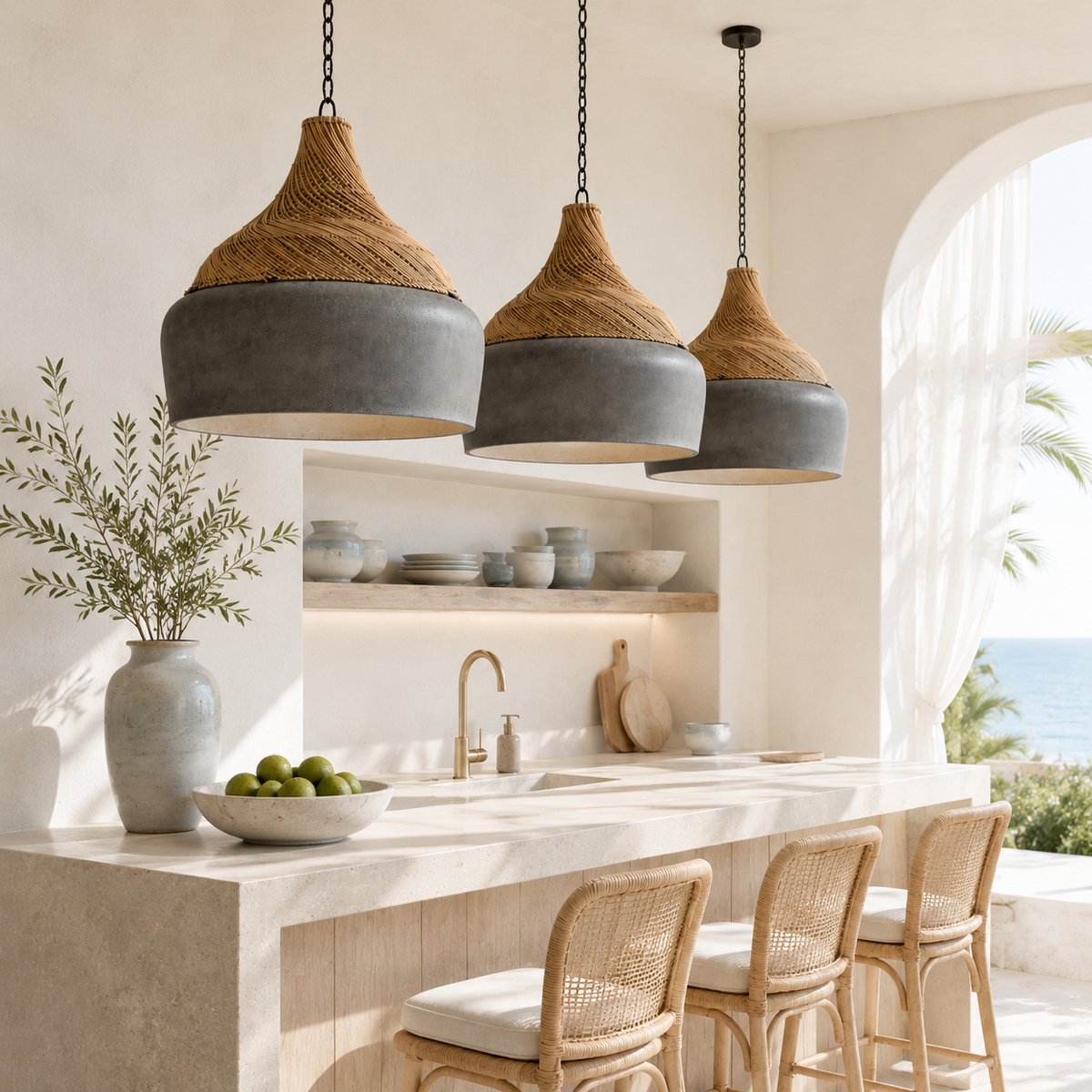 Bent Handcrafted Cement Fiber & Rattan Pendant Light