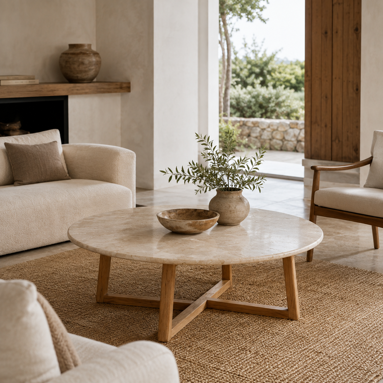 Buono Marble & Solid Teak Coffee Table – Organic Modern Design