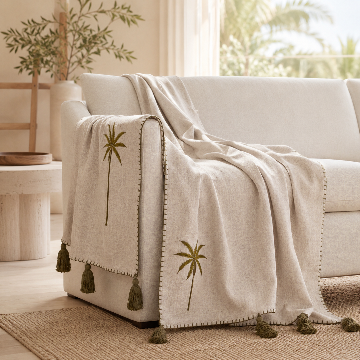 Lillian Palm-Embroidered Linen Throw – Natural