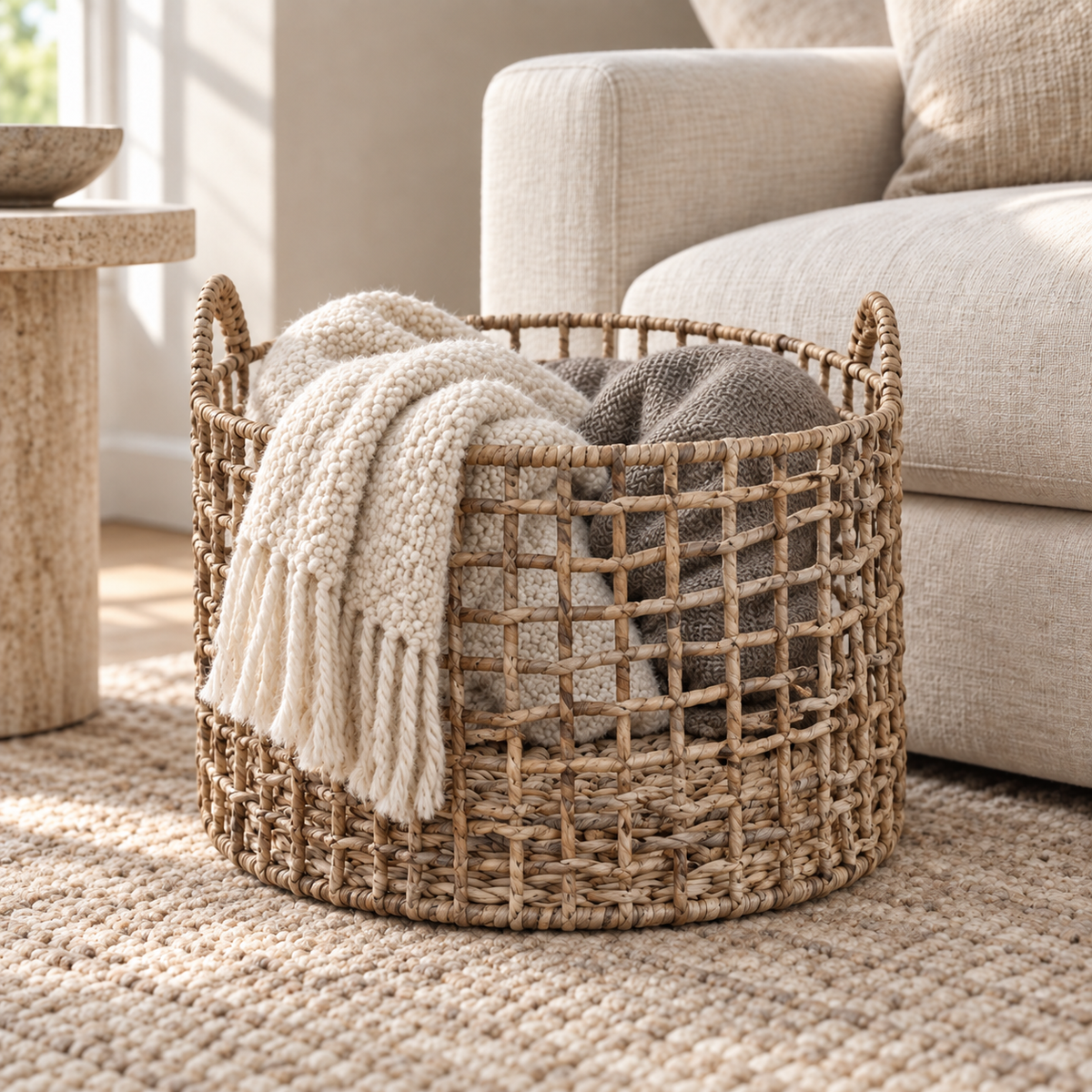 Emily handwoven water hyacinth storage basket filled with neutral throws beside an ivory sofa.