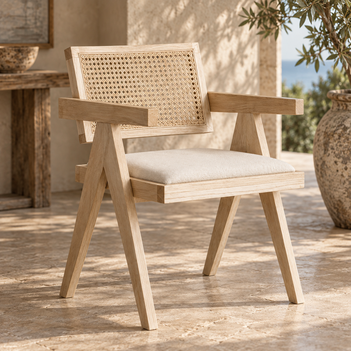 Enya natural hardwood dining armchair with woven rattan back and ivory cushion in an organic coastal interior