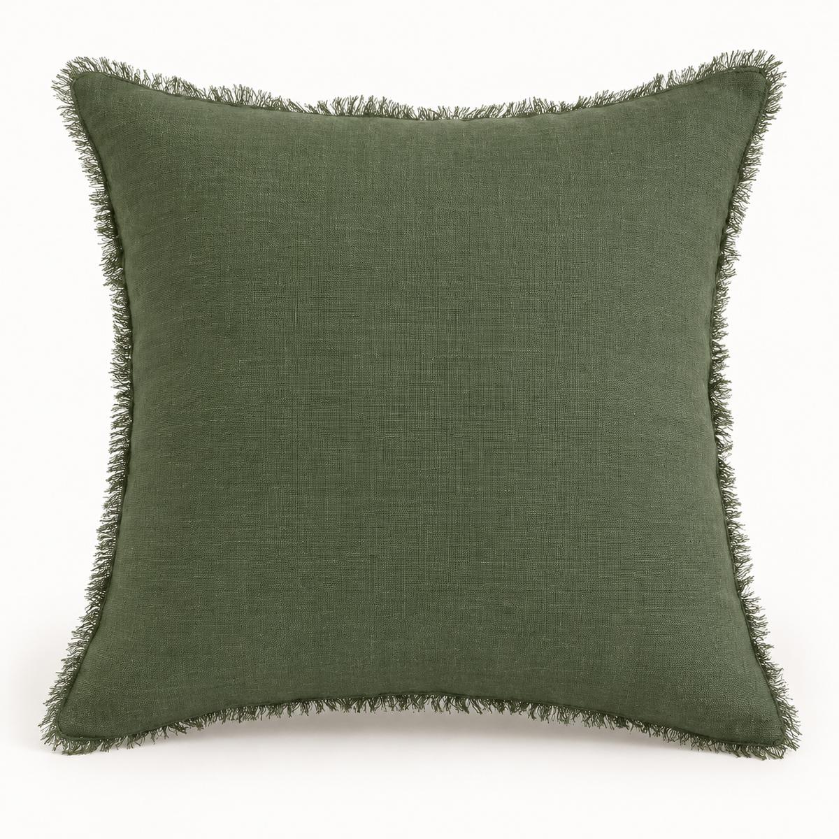 Olive green square raw linen pillow cover with fringe edges on a warm white background