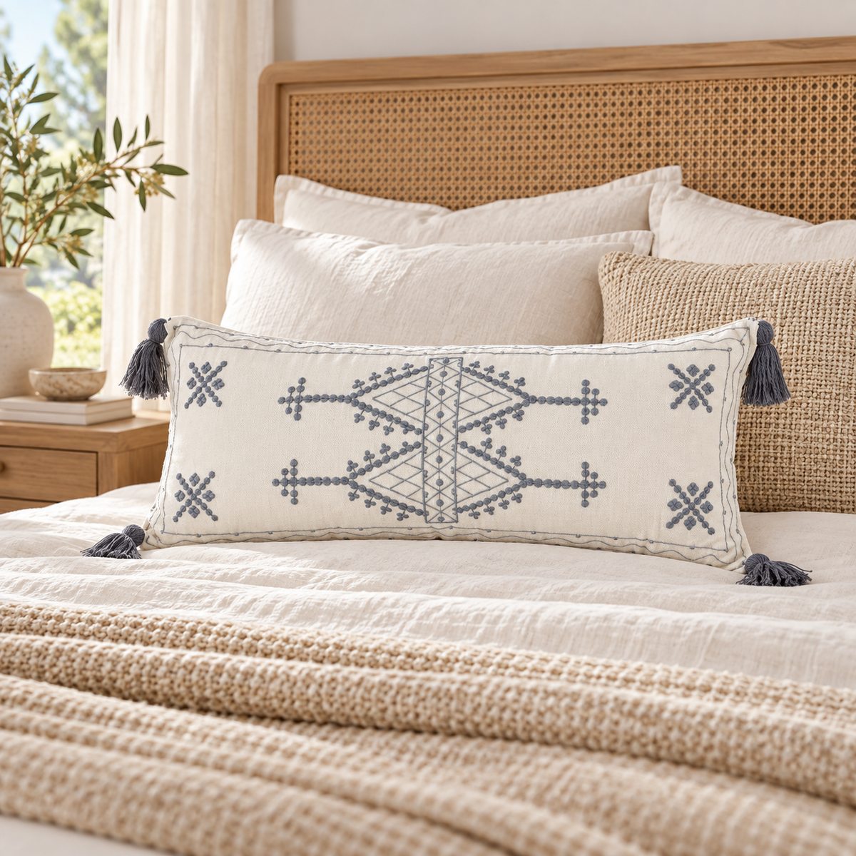 Hazel blue embroidered cotton lumbar pillow cover with tassels