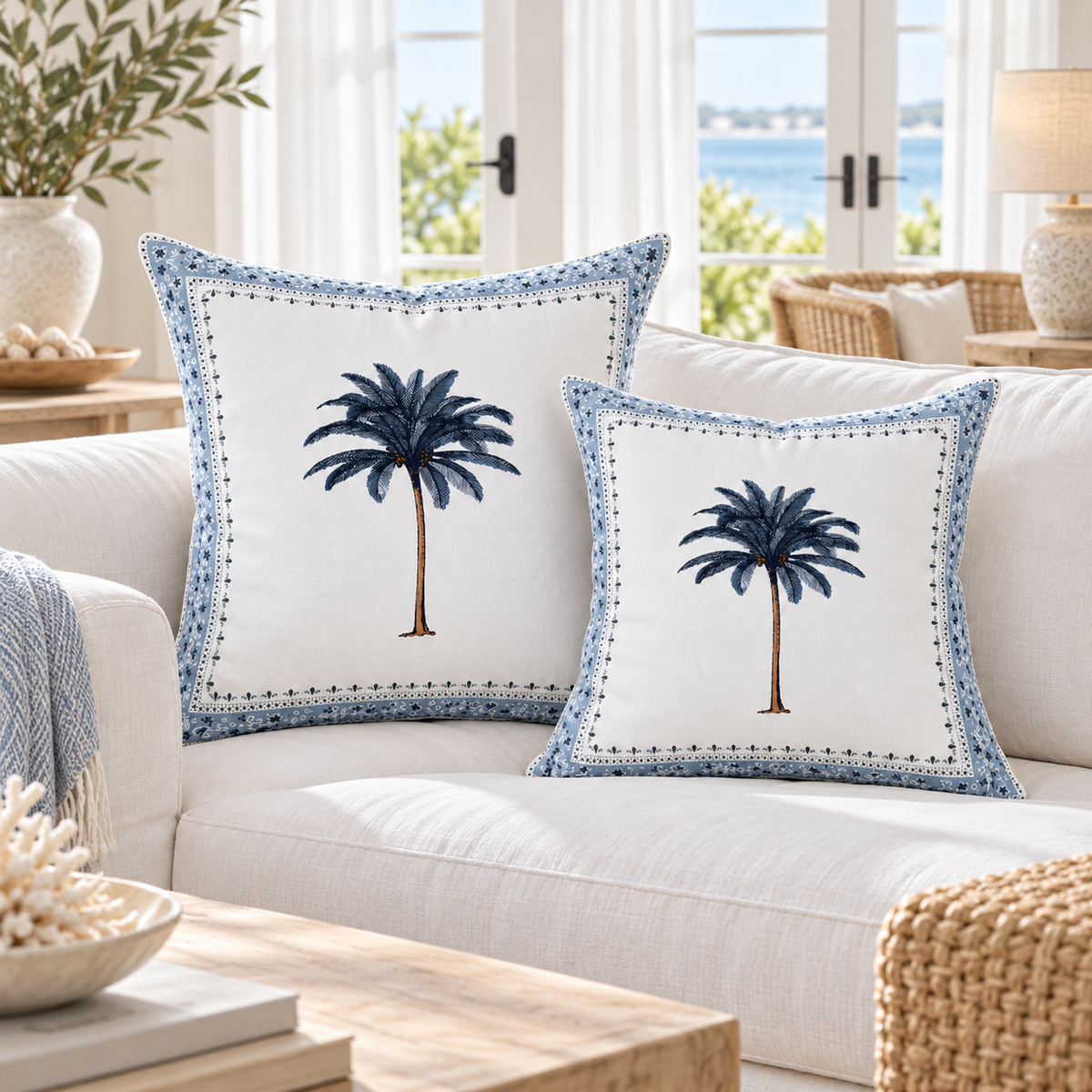 Imperial Palm Blue linen pillow covers
