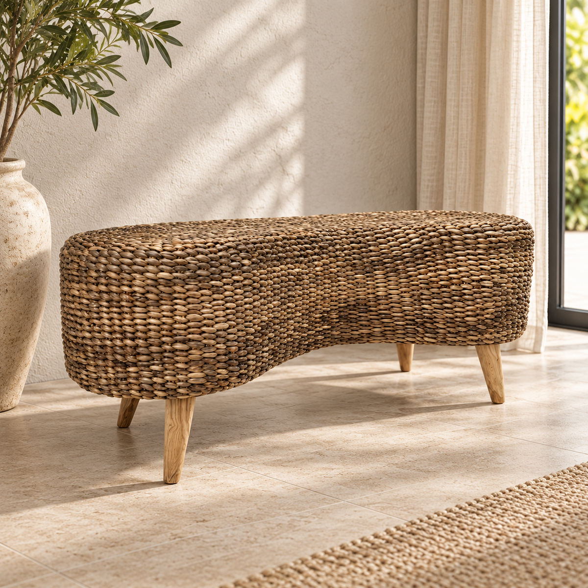 Kacamata Handwoven Water Hyacinth Bench – Sculptural Entryway Seating