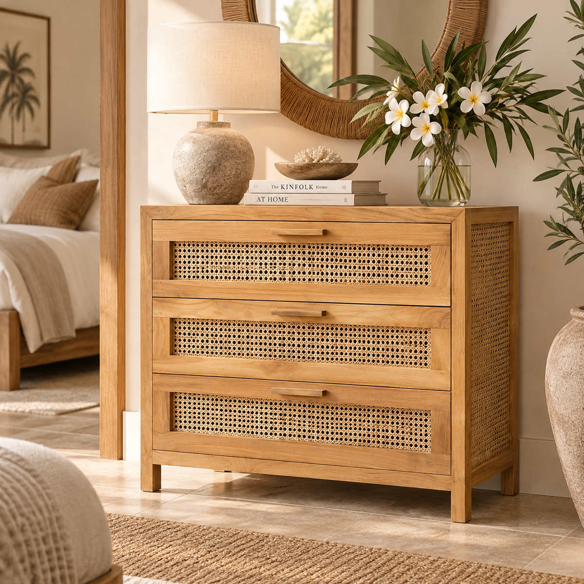 Kenya teak and rattan chest with three spacious storage drawers