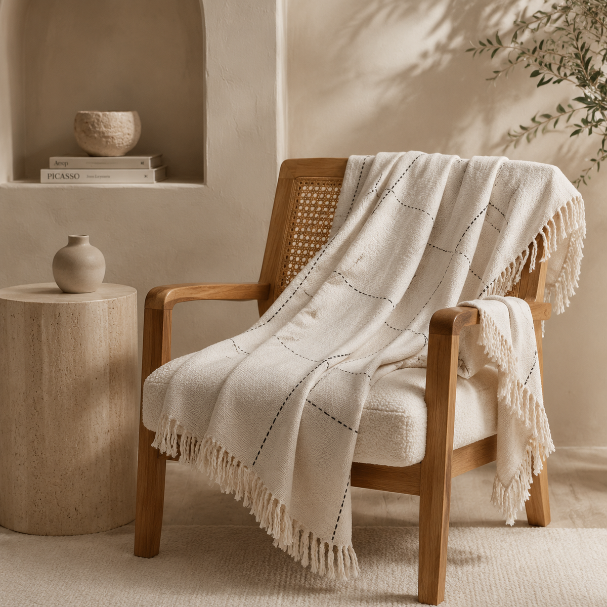 Kiara Artisan-Stitched Cotton Throw – Natural
