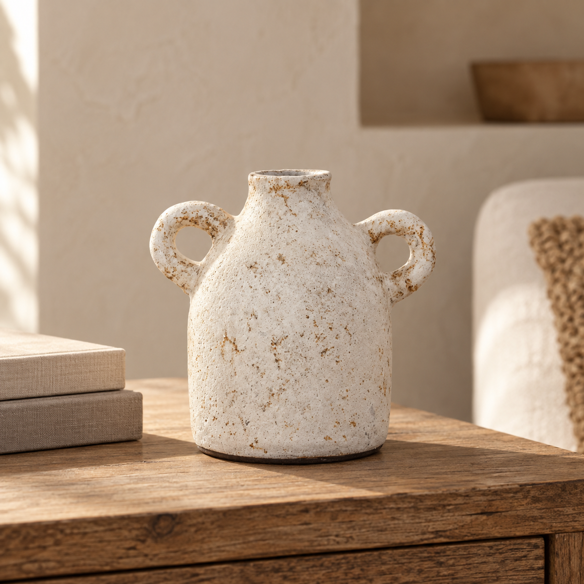 Kimora petite handcrafted clay vase with double loop handles and a distressed warm-white finish