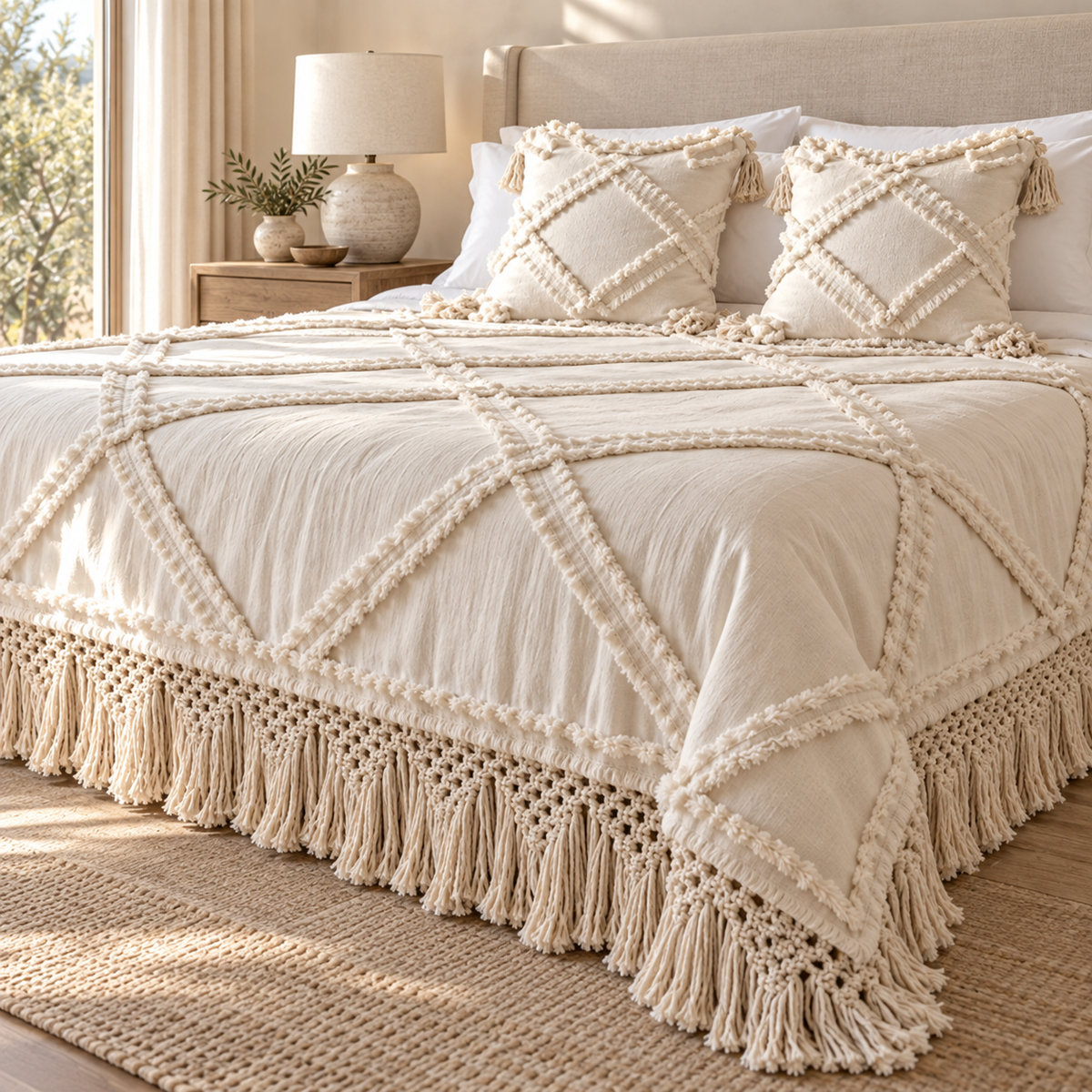 Laia Macrame Fringe Cotton Coverlet – Natural