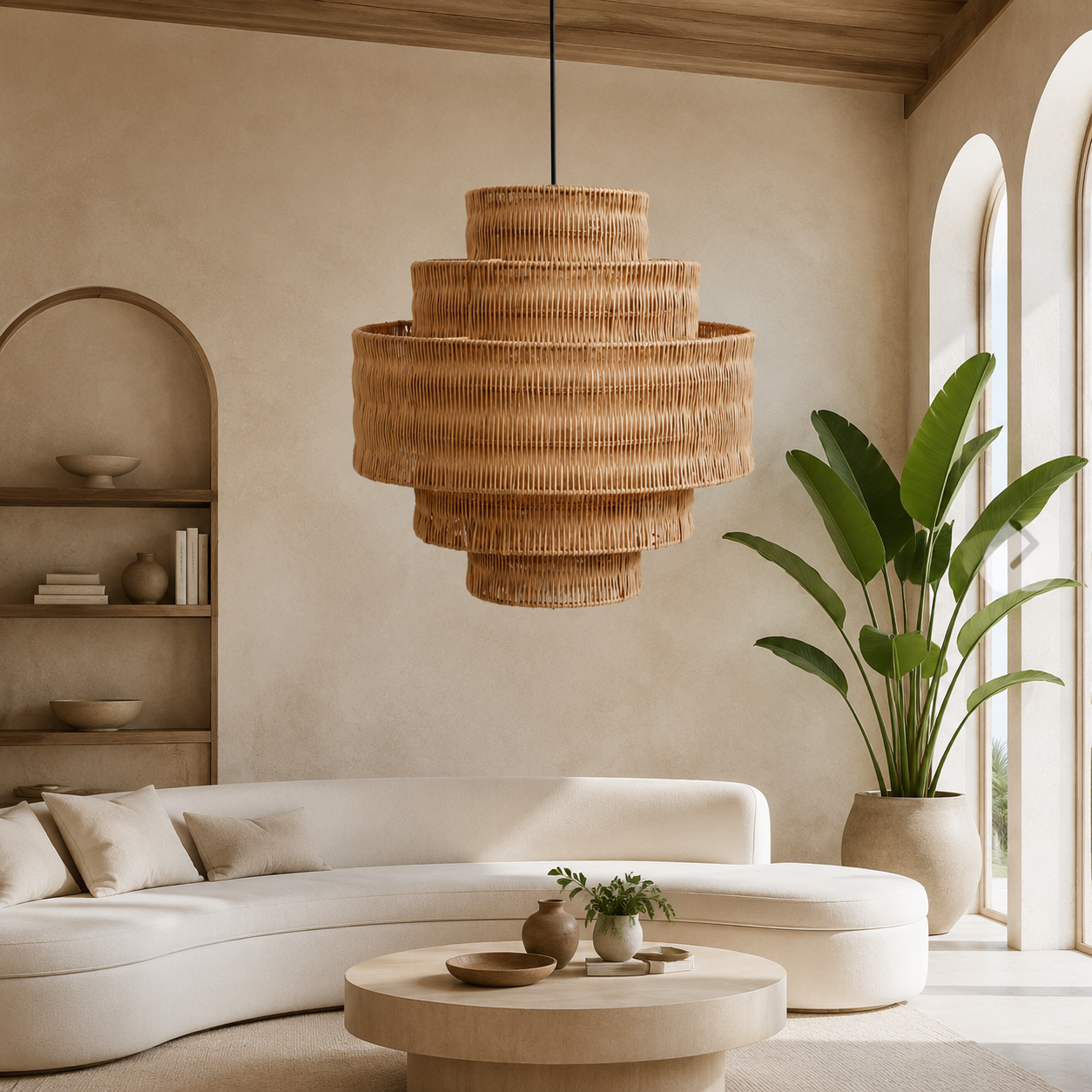 Luminous Cascade Tiered Rattan Pendant Shade – Handwoven Statement Lighting