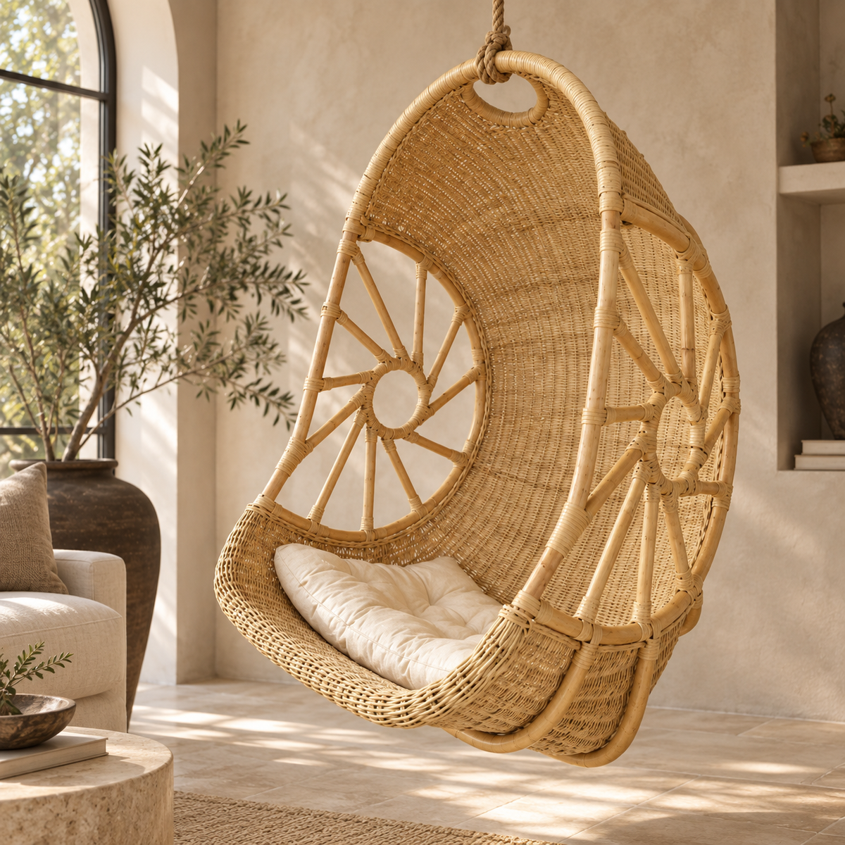 Lunara handwoven natural rattan hanging lounge chair with an ivory cushion in a premium organic modern living room.