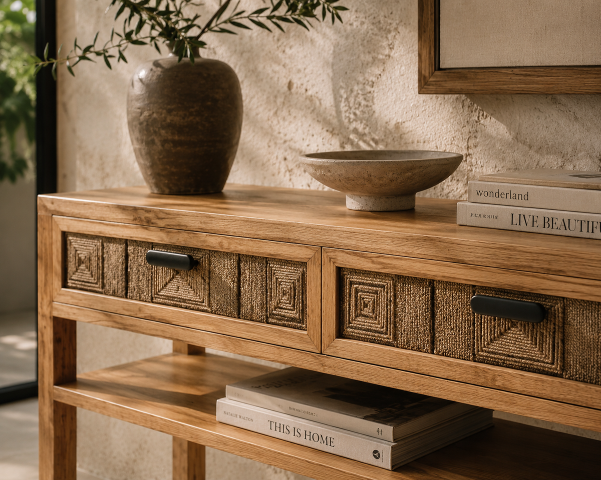 Makaya Reclaimed Teak Console Table with Woven Drawers – Artisan Design
