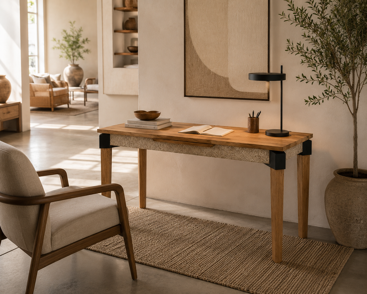 Makira Teak Wood Desk with Carved Detail – Industrial Artisan Design