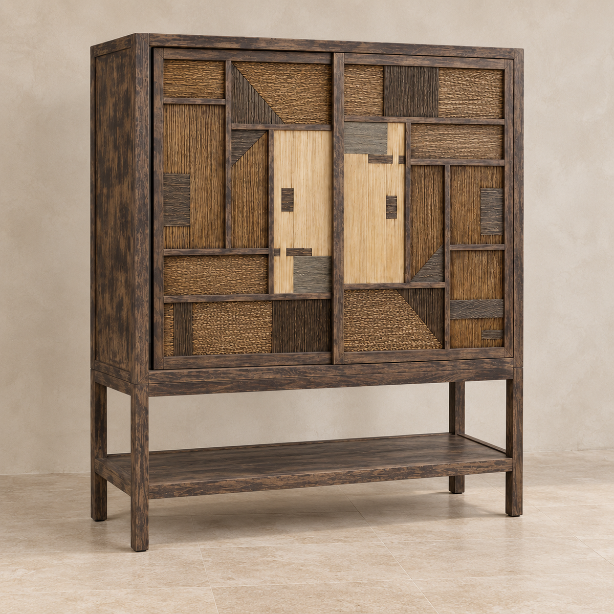 Makoa Solid Teak Cabinet with Handwoven Rattan Doors