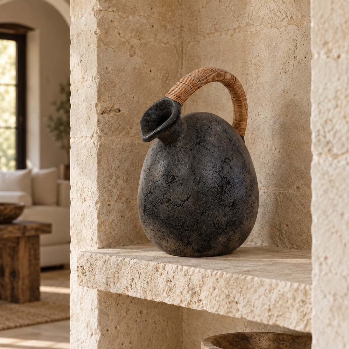 Makoa Terracotta Vase with Rattan-Wrapped Handle