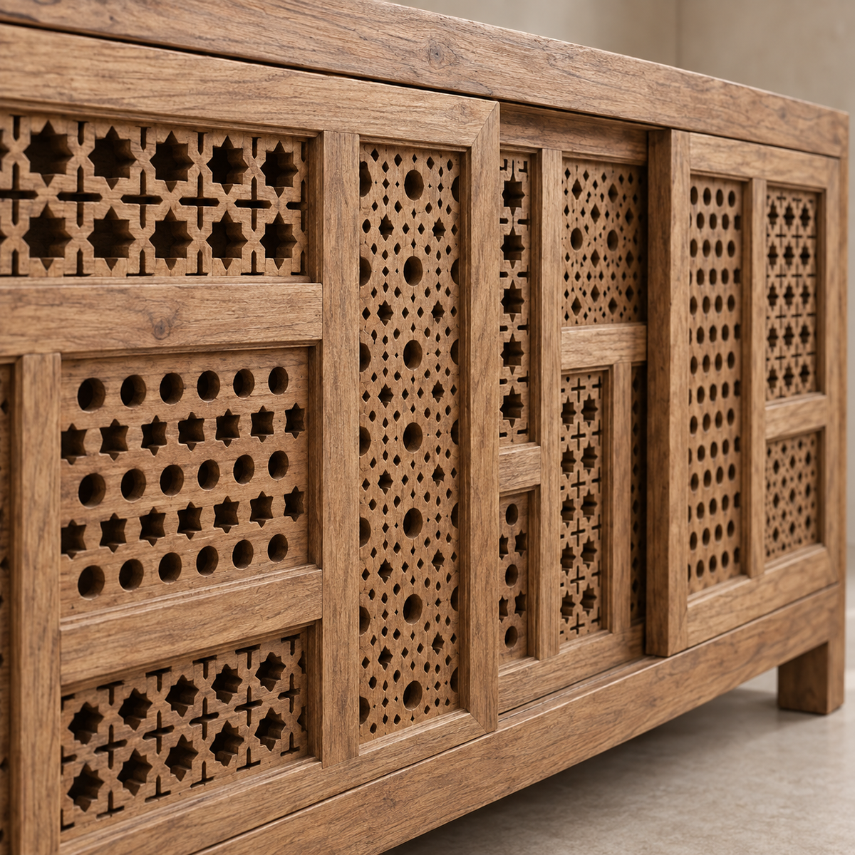Malik teak sideboard showing its varied geometric hand-carved front panels.