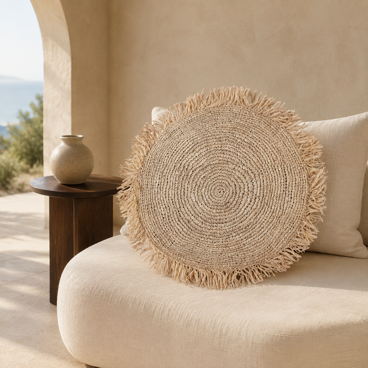 Mara Round Hand-Crocheted Water Hyacinth Pillow Cover – Natural