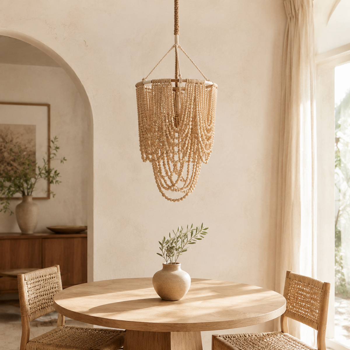 Marbella Hand-Beaded Wood Pendant Light – Medium