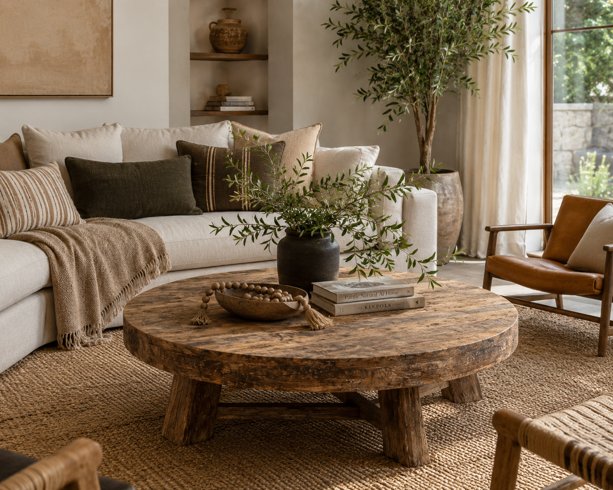 Monroe Reclaimed Teak Round Coffee Table – Organic Modern Design