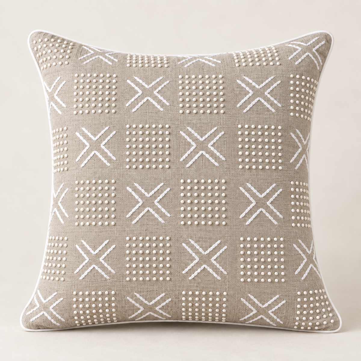 Natural Mudcloth beaded and embroidered linen pillow cover