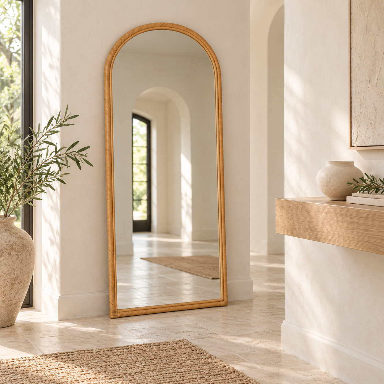 Oslo Rattan Floor Mirror – Arched Full-Length Mirror