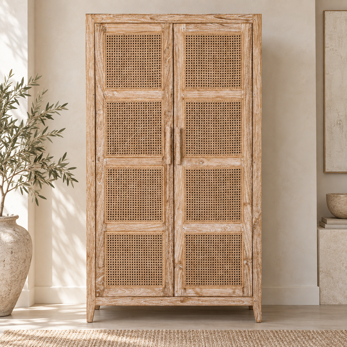 Oslo Tall Whitewashed Teak & Rattan Cabinet