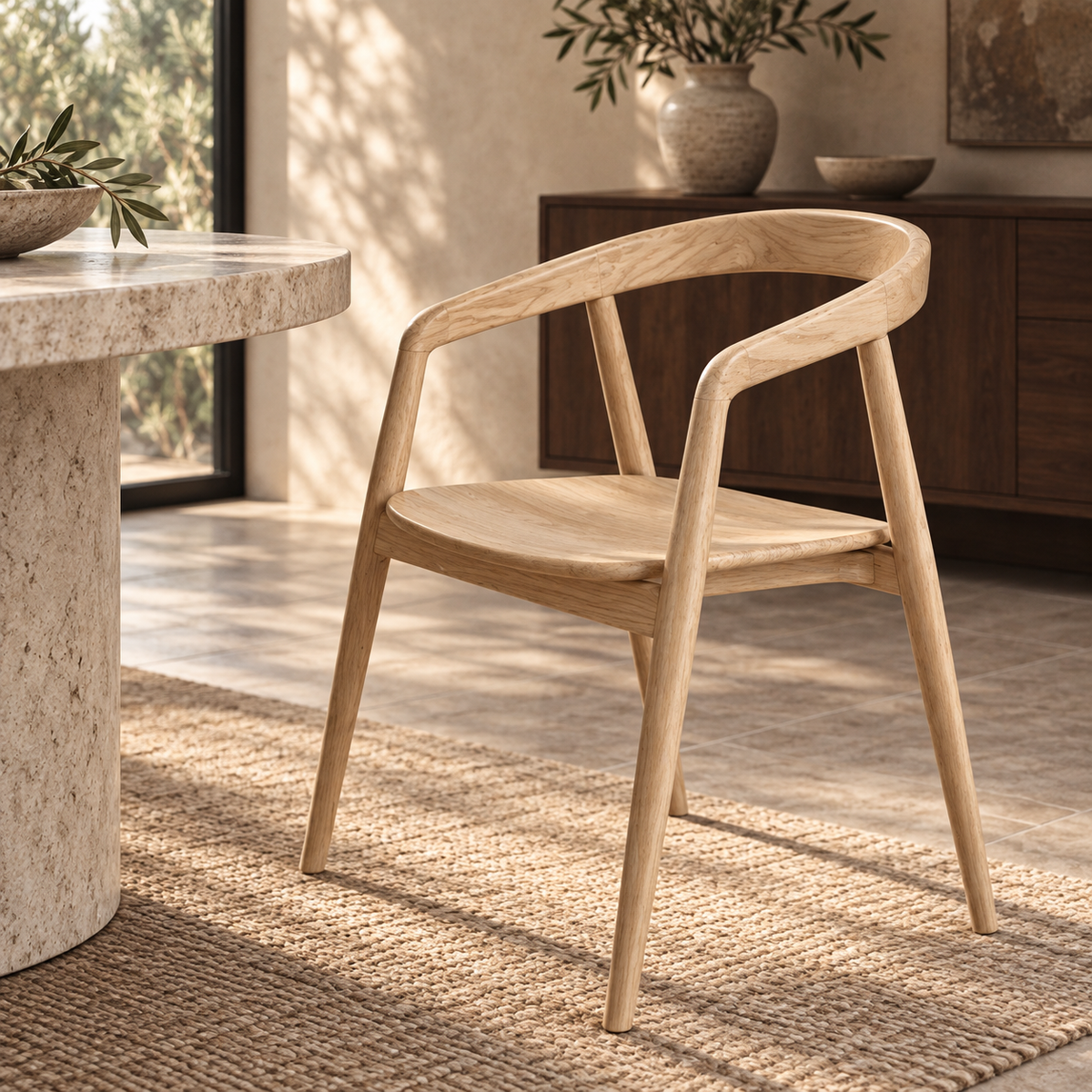 Pablo natural solid wood dining armchair with curved wraparound back and sculpted seat