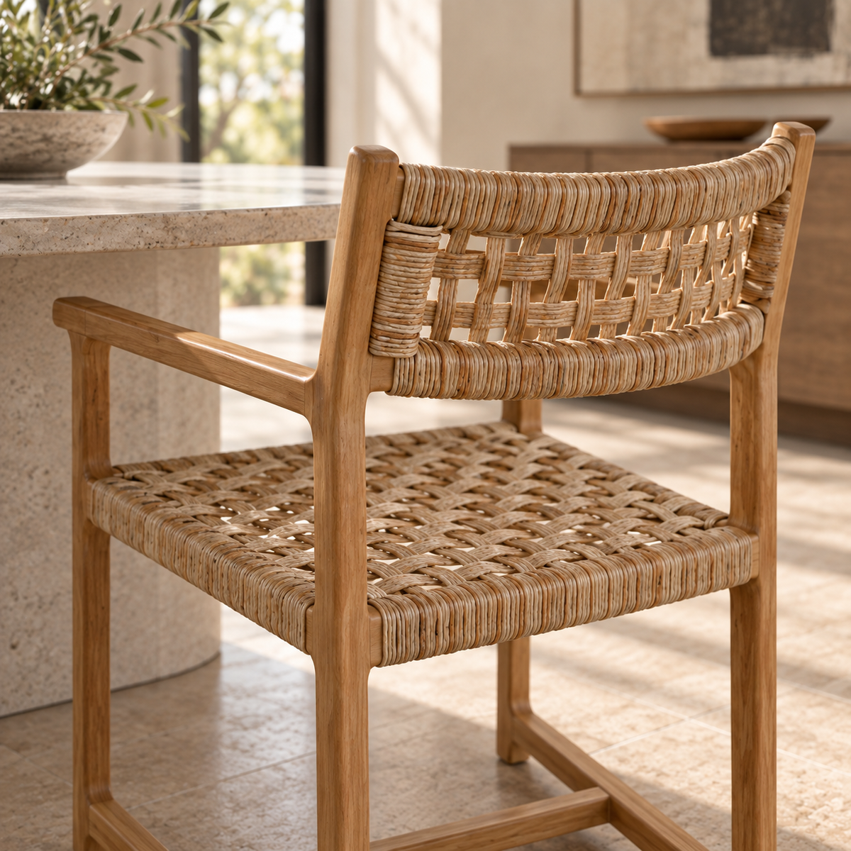 Rear close-up of the Palmer teak dining armchair showing its handwoven natural fiber back and seat details