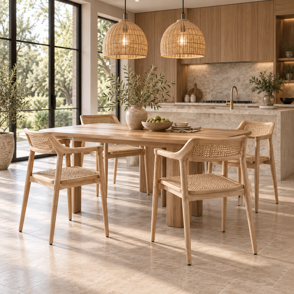 Four Pasha wood and woven cane dining armchairs around a natural wood kitchen table with rattan pendant lights