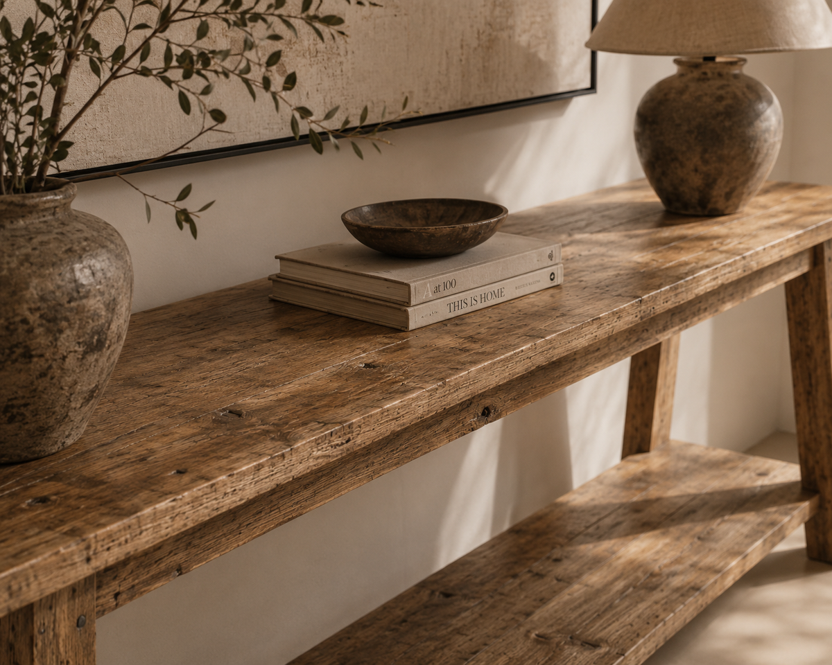 Pierre Minimalist Teak Console – Natural Wood Resort-Style Furniture