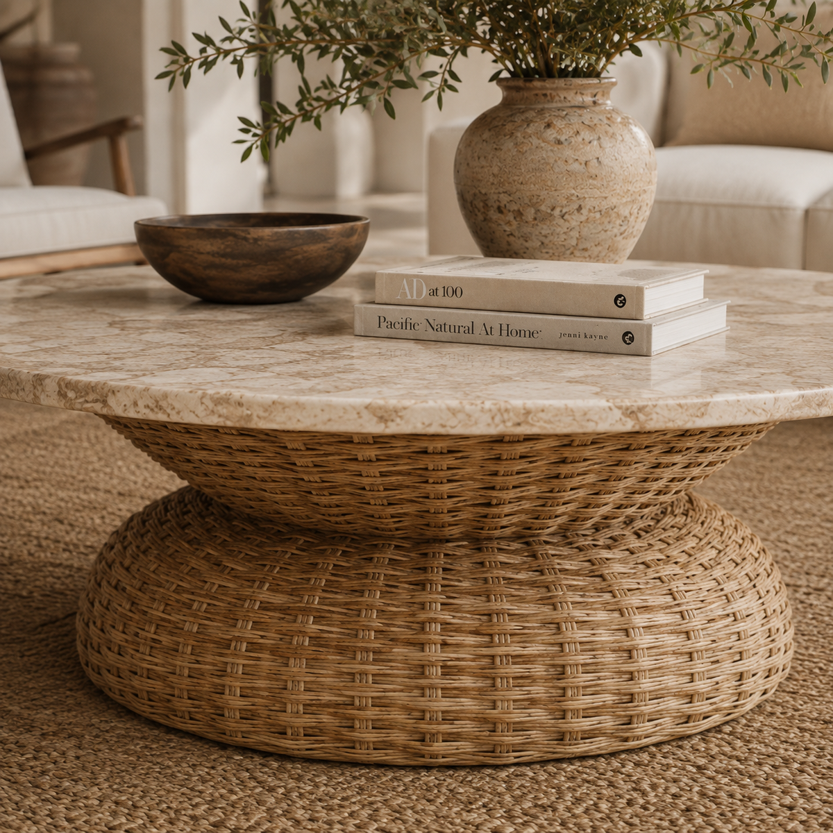 Sabine Round Marble & Rattan Coffee Table – Organic Modern Design