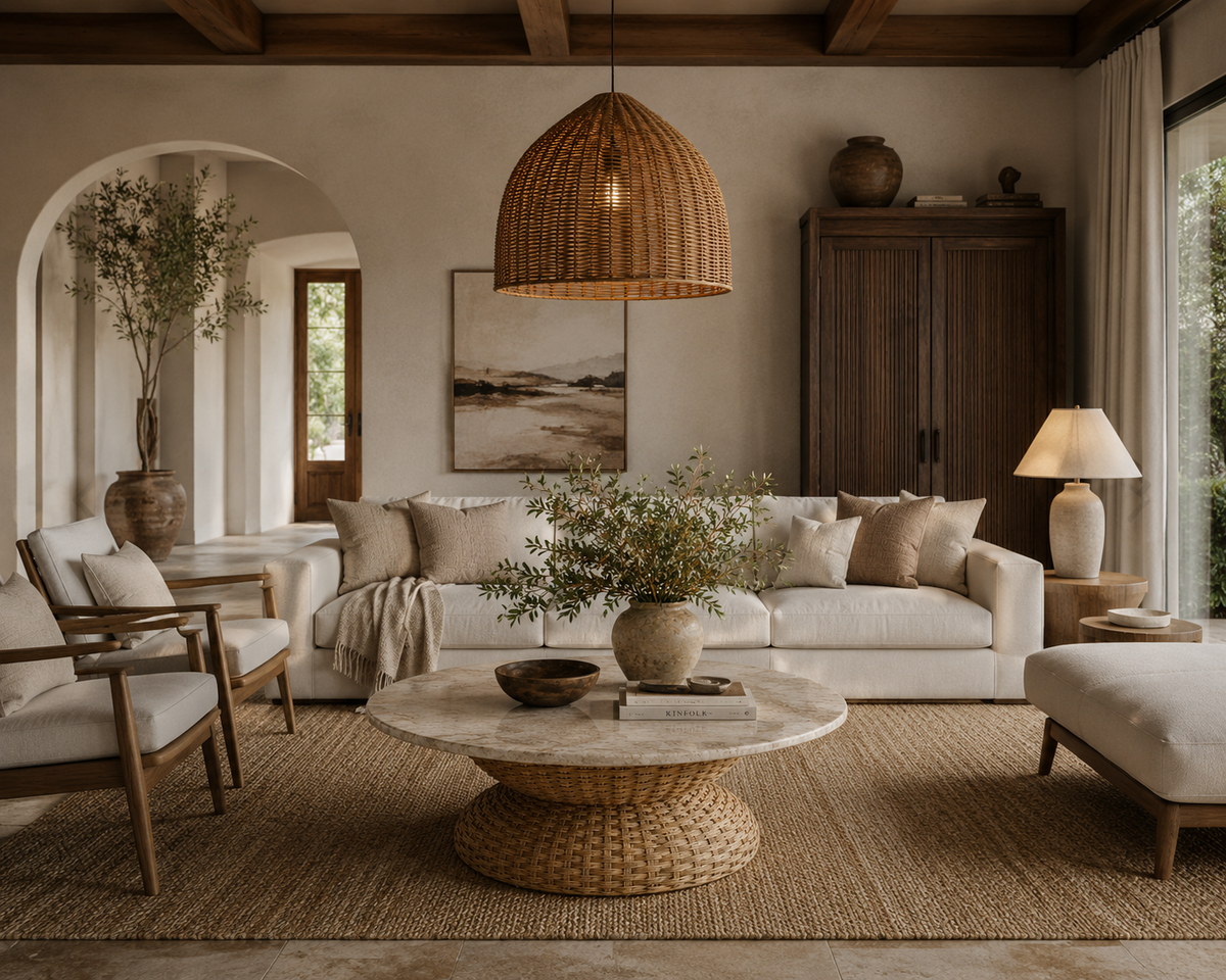 Sabine Round Marble & Rattan Coffee Table – Organic Modern Design