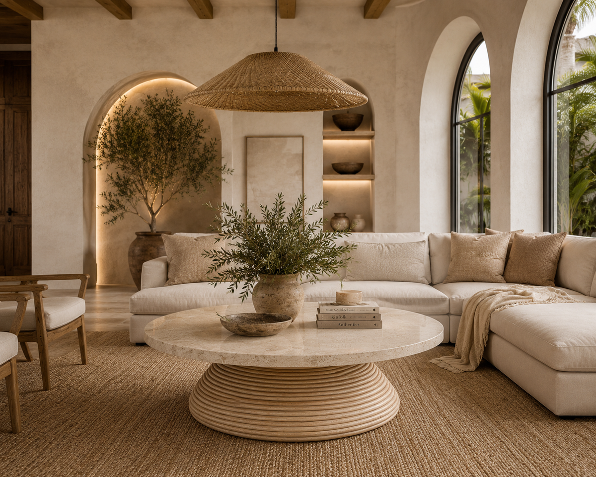 Santiago Sculptural Rattan & Marble Coffee Table