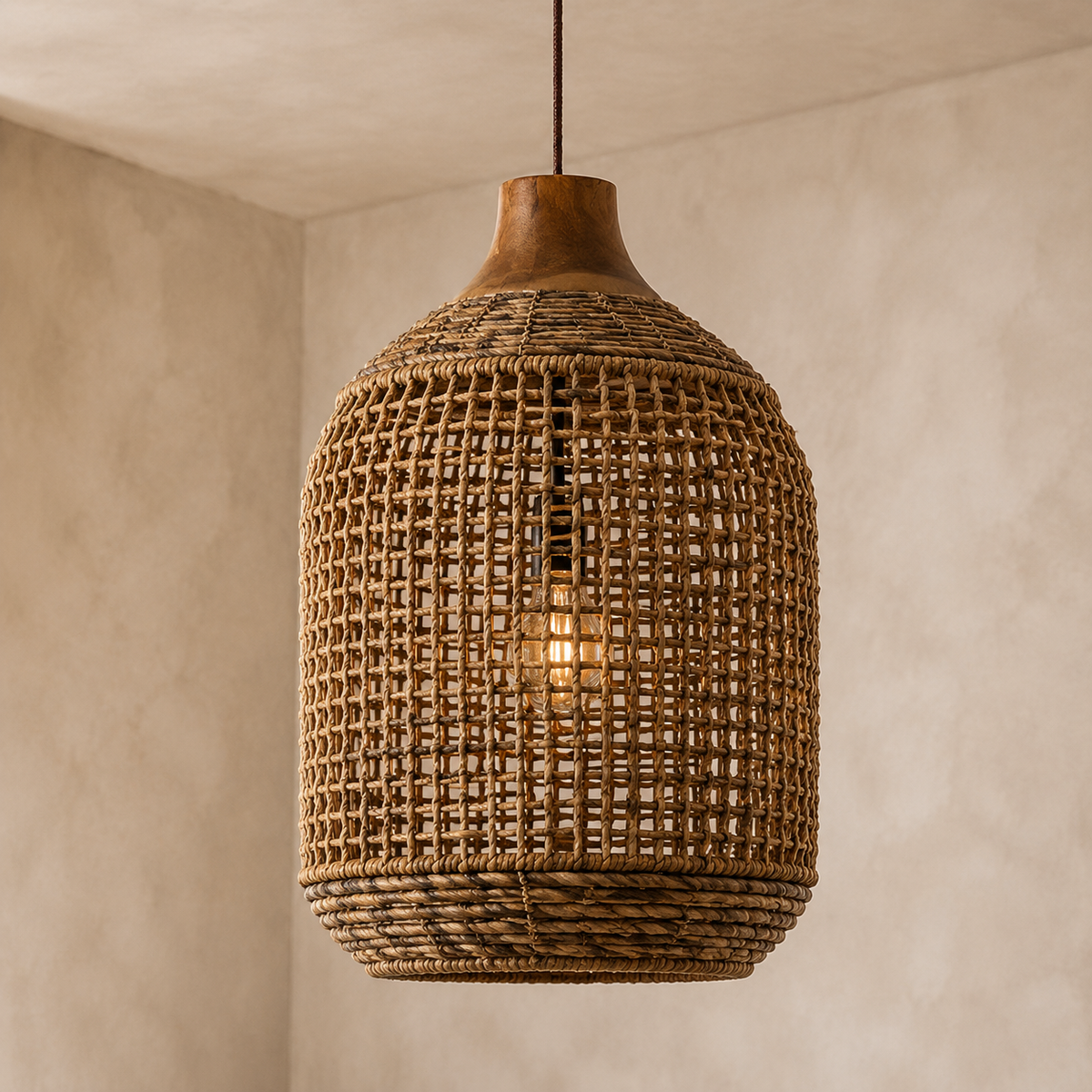 Serena Handwoven Abaca Pendant Light with Teak Crown