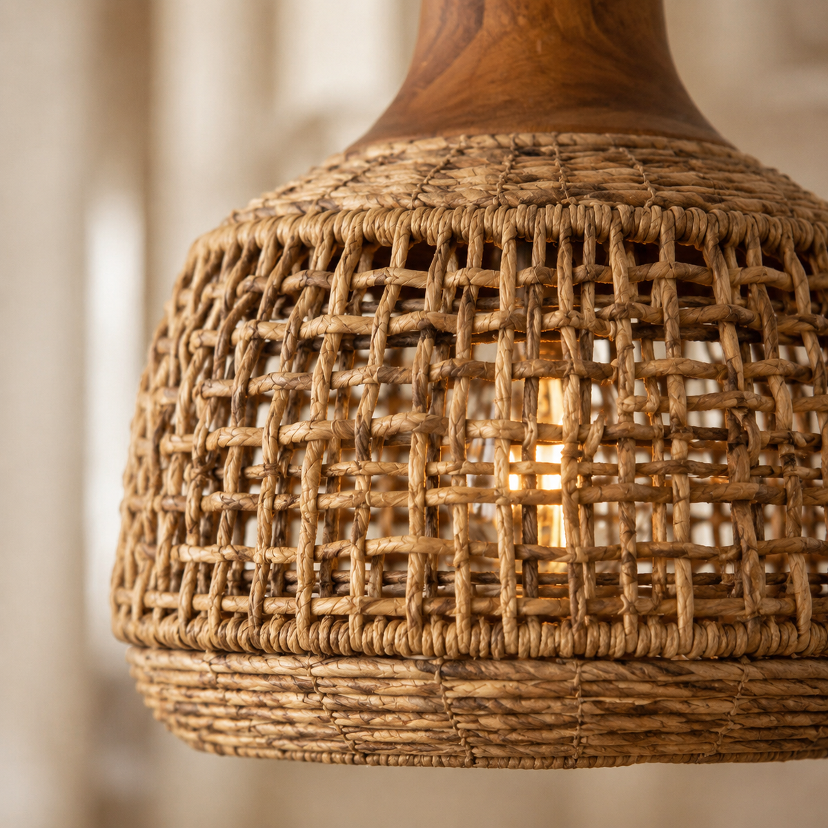 Serena Handwoven Abaca Pendant Light with Teak Crown