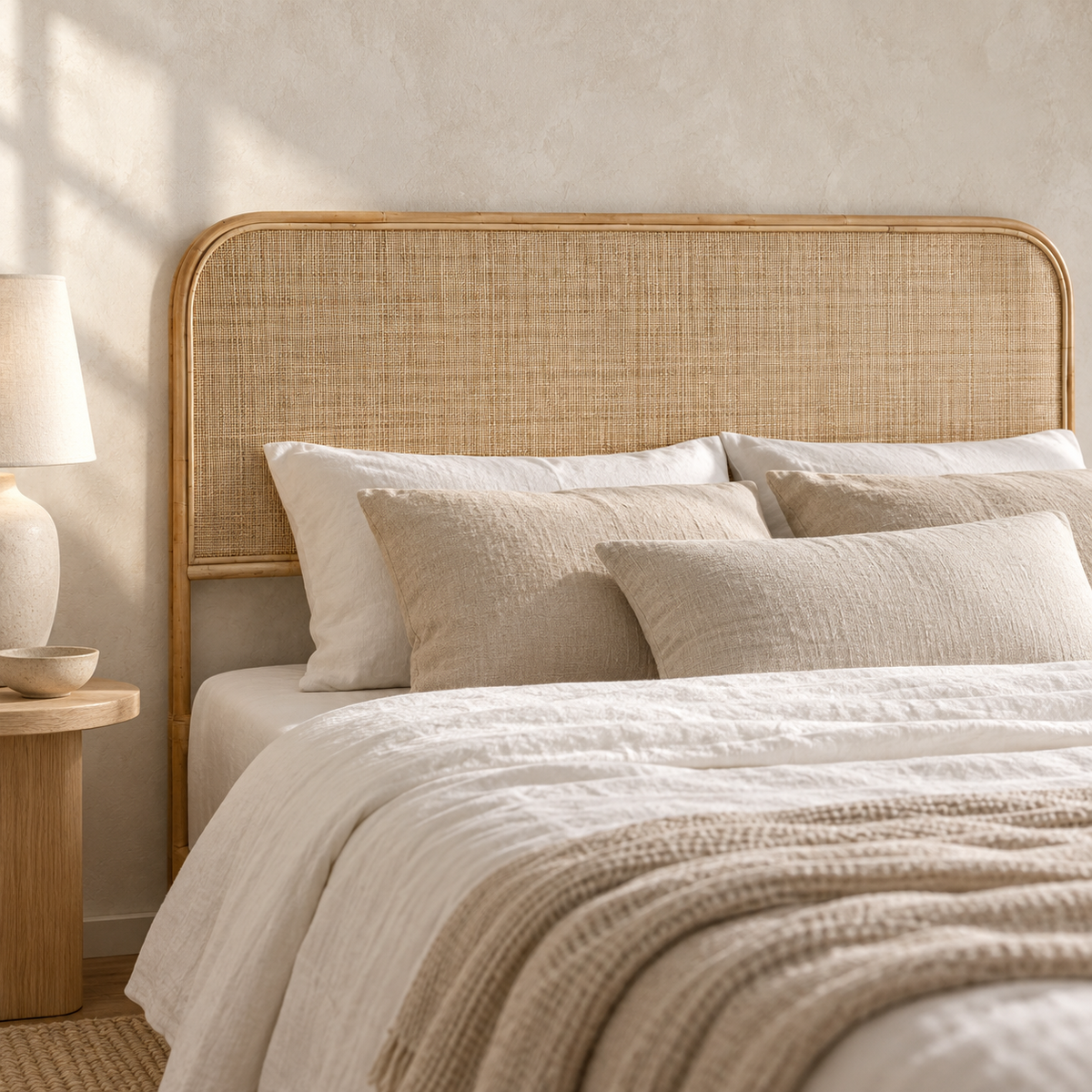 Sergio handwoven natural rattan headboard with curved edges styled with neutral linen bedding in an organic modern bedroom