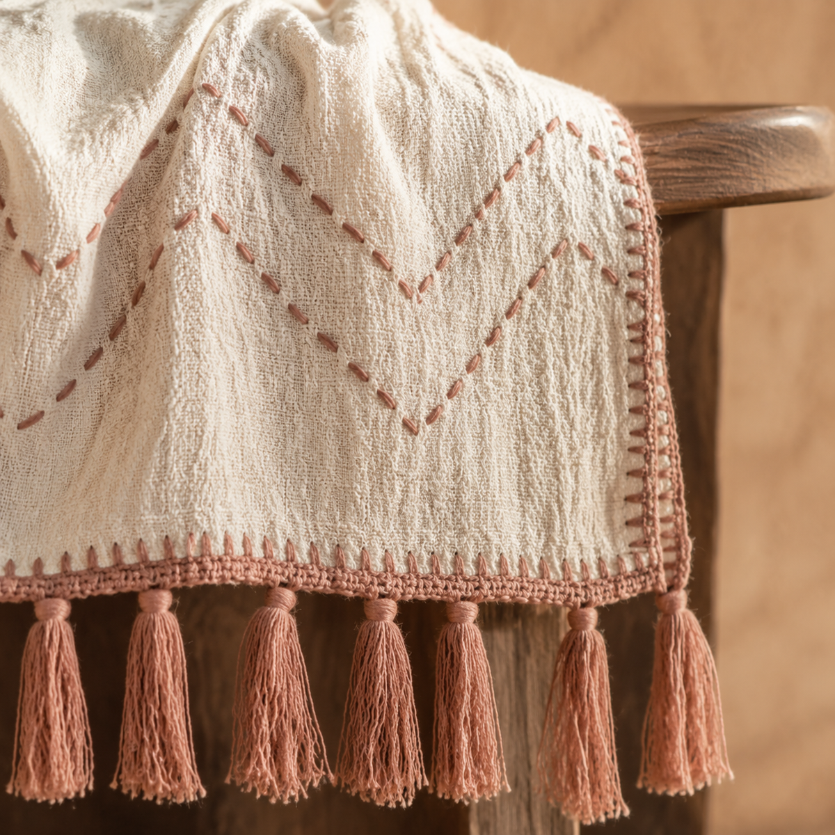 Sienna Artisan-Stitched Raw Cotton Throw – Natural & Tobacco