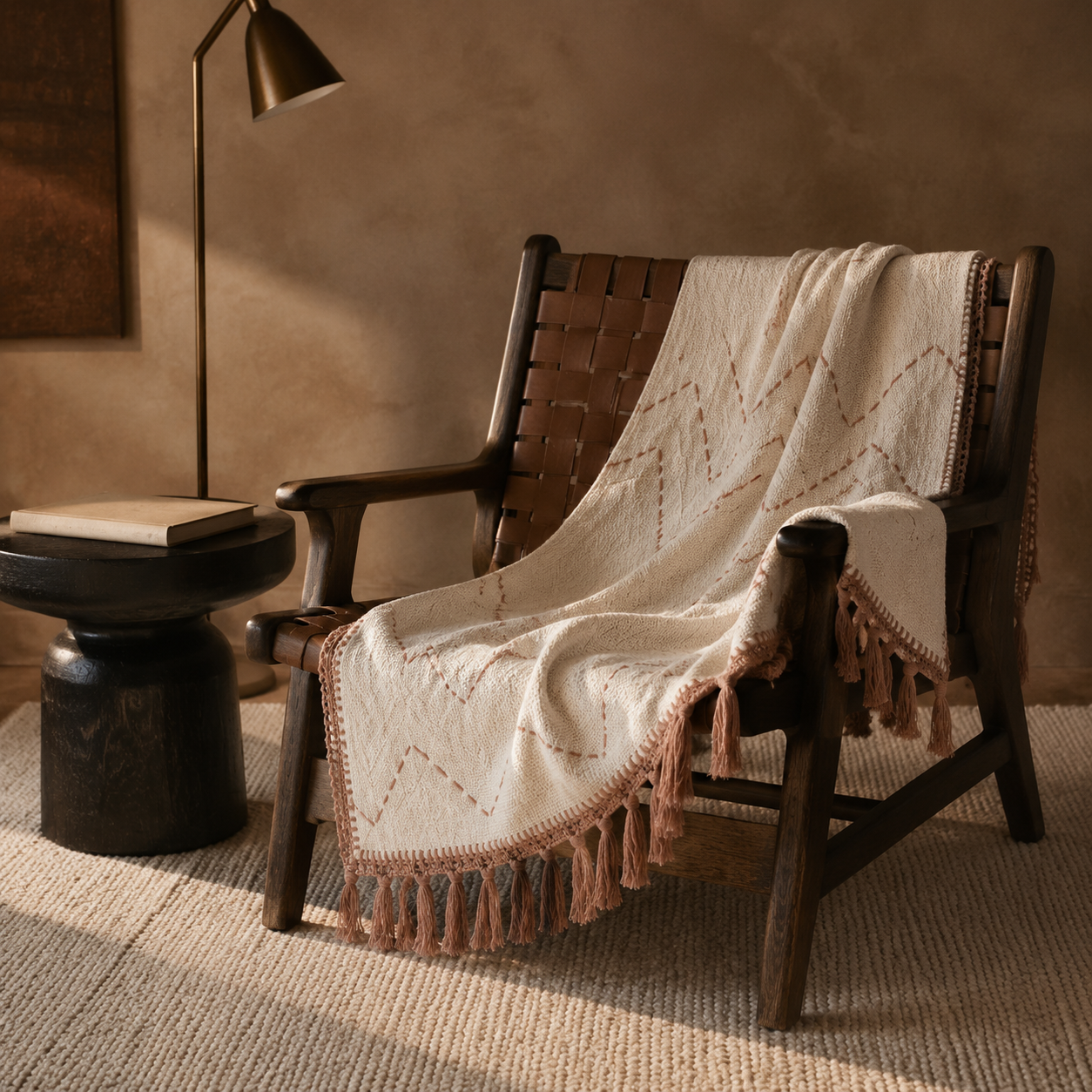 Sienna Artisan-Stitched Raw Cotton Throw – Natural & Tobacco