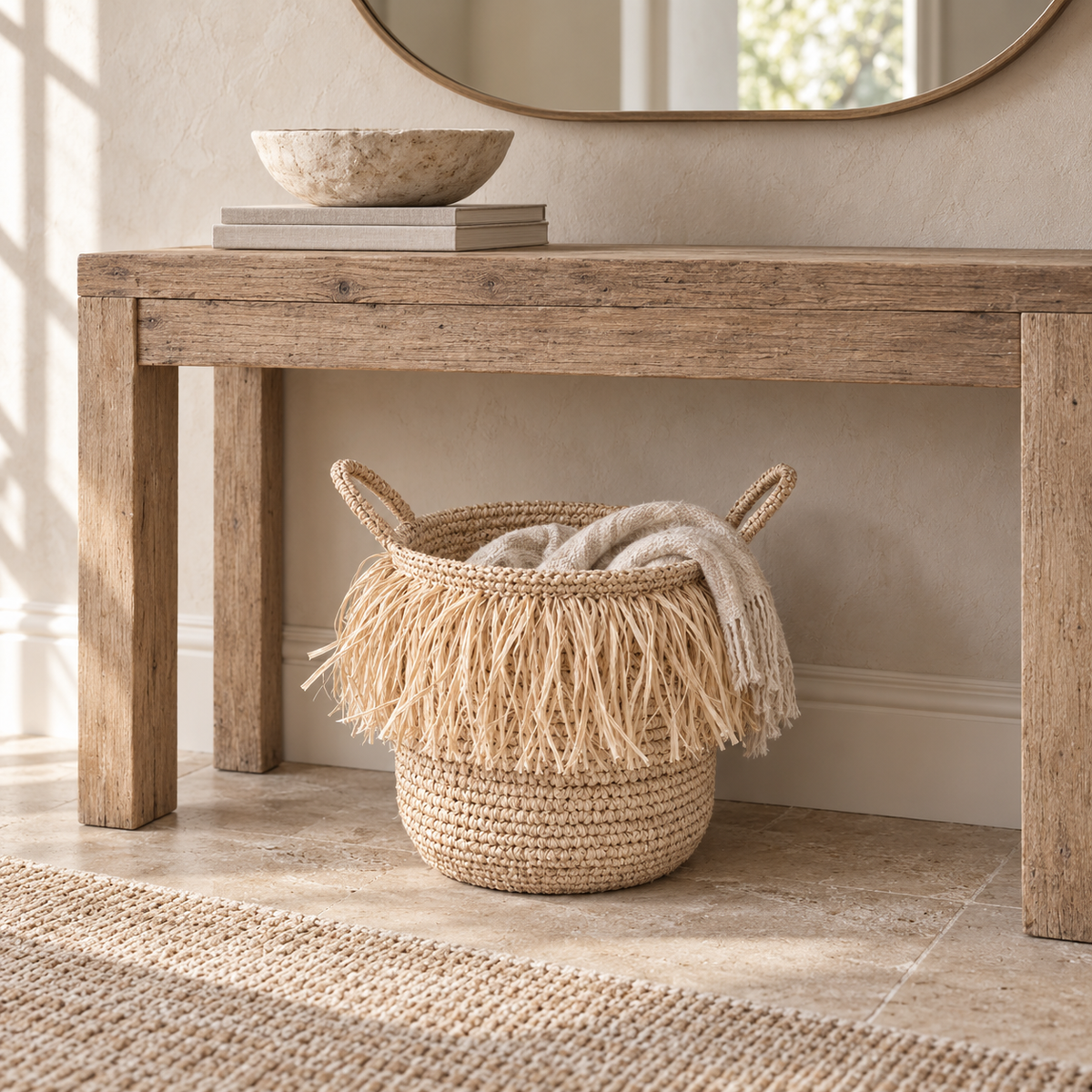 Susie handwoven seagrass basket with natural fringe and two handles.