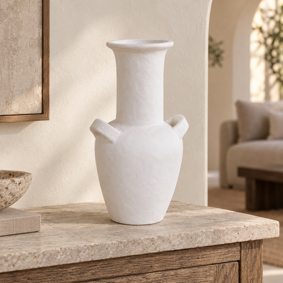 Tulum Tall handcrafted white clay vase with an elongated neck and two sculptural shoulder handles