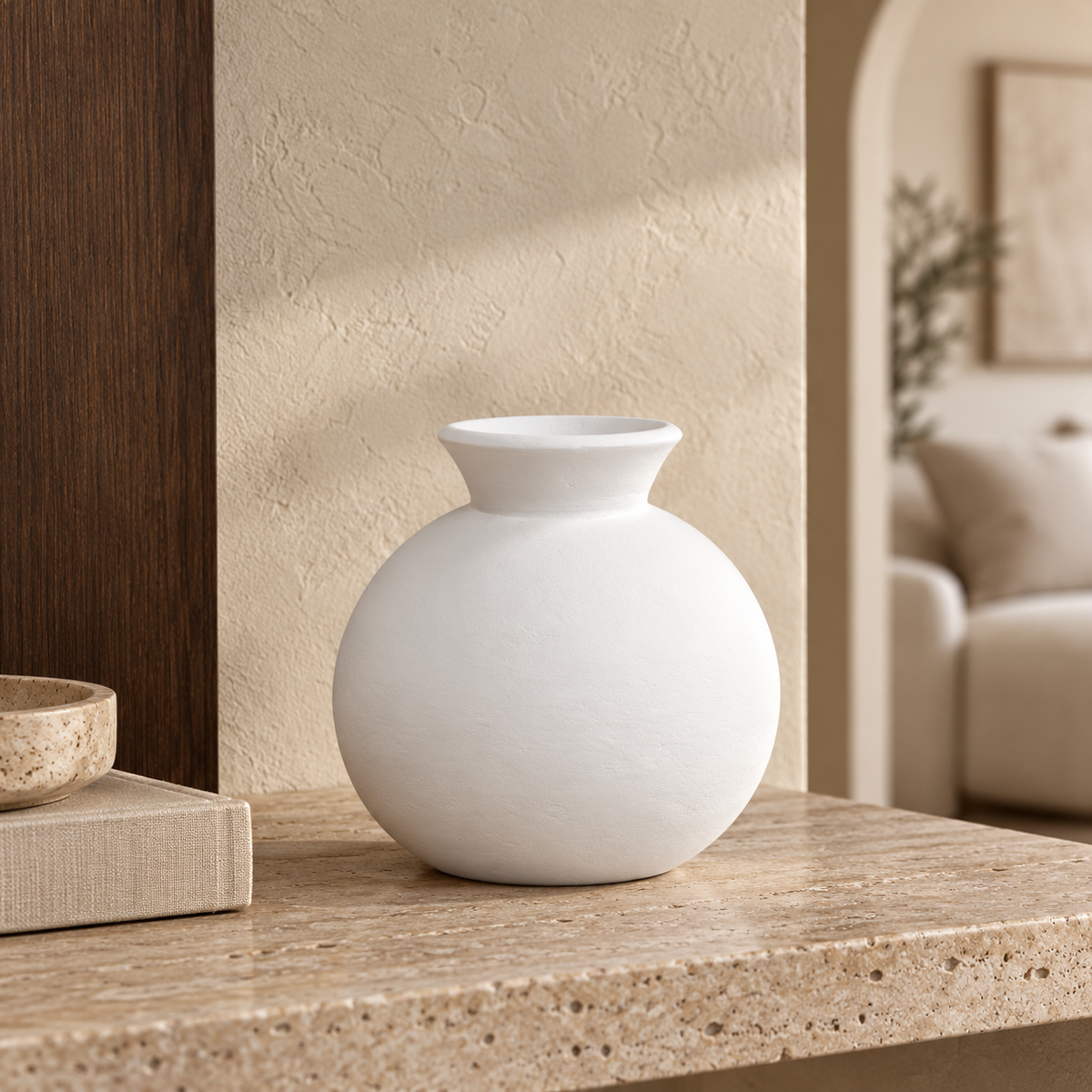 Tulum Round handcrafted white clay vase with a spherical body and flared opening