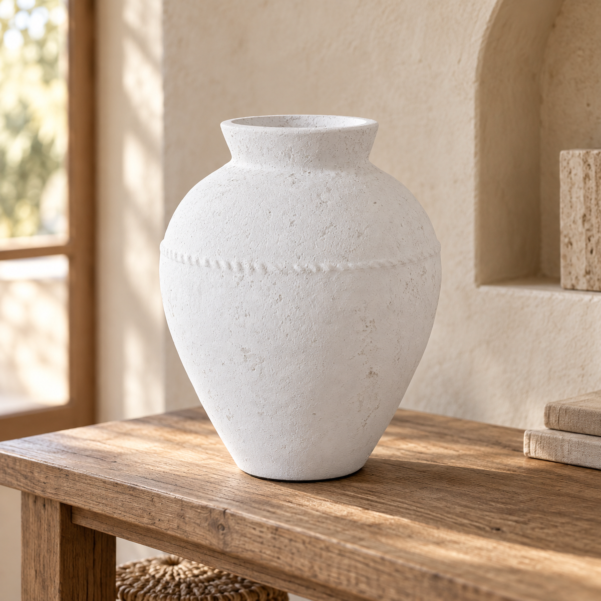 Zeva handcrafted white clay vase with a textured finish, rounded silhouette and raised decorative band