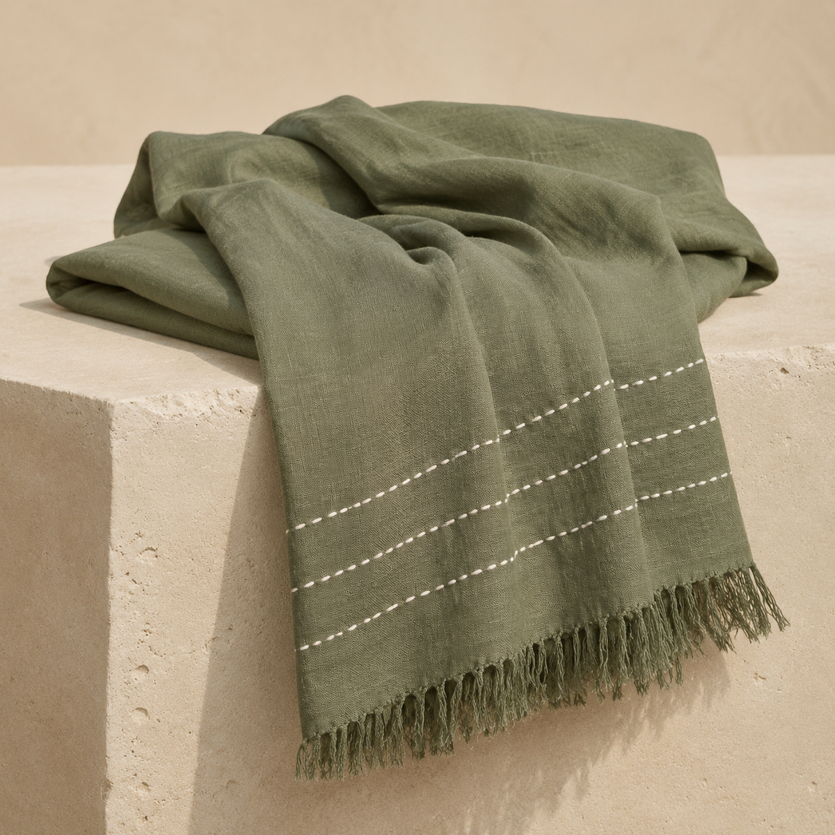 Amirah Handcrafted Linen Throw – Olive Green