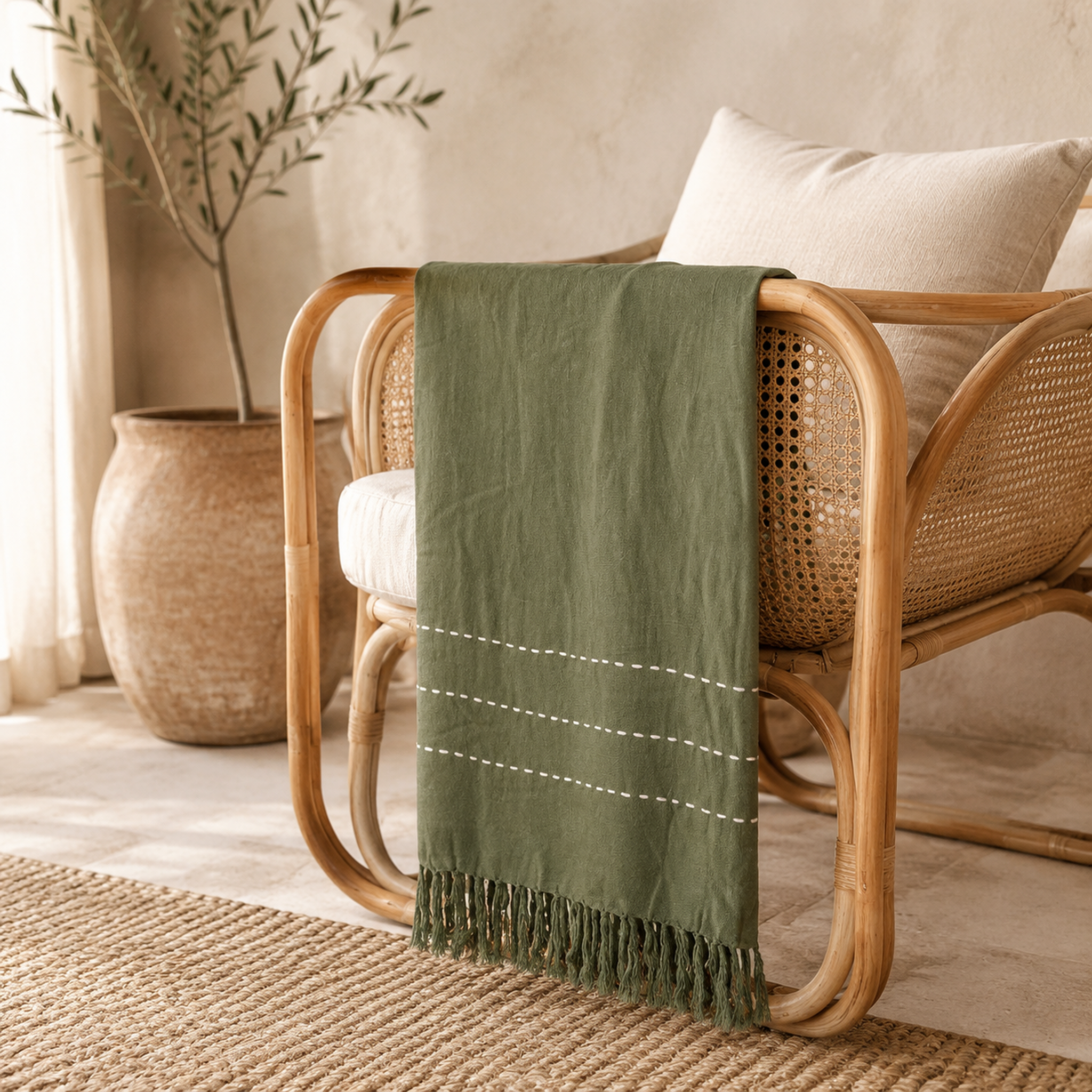 Amirah Handcrafted Linen Throw – Olive Green